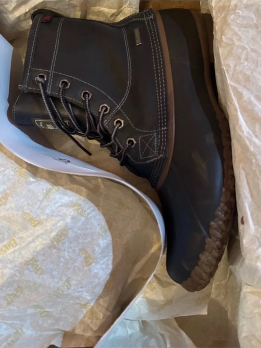 Bass Men's Black Waterproof Duck Boots with Brown Trim